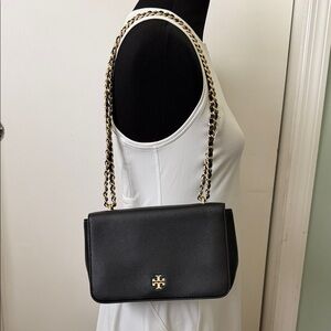 Tory Burch Black Leather Shoulder Bag with Gold Chain